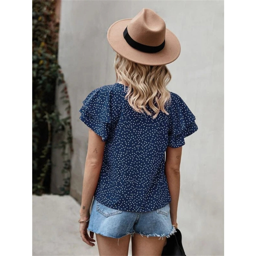 Ruffled Polka Dot Round Neck Short Sleeve Blouse Navy / S Apparel and Accessories