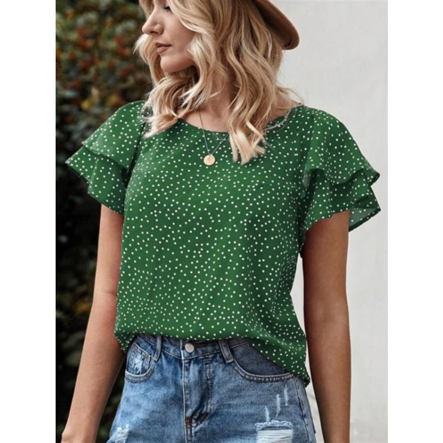 Ruffled Polka Dot Round Neck Short Sleeve Blouse Green / S Apparel and Accessories