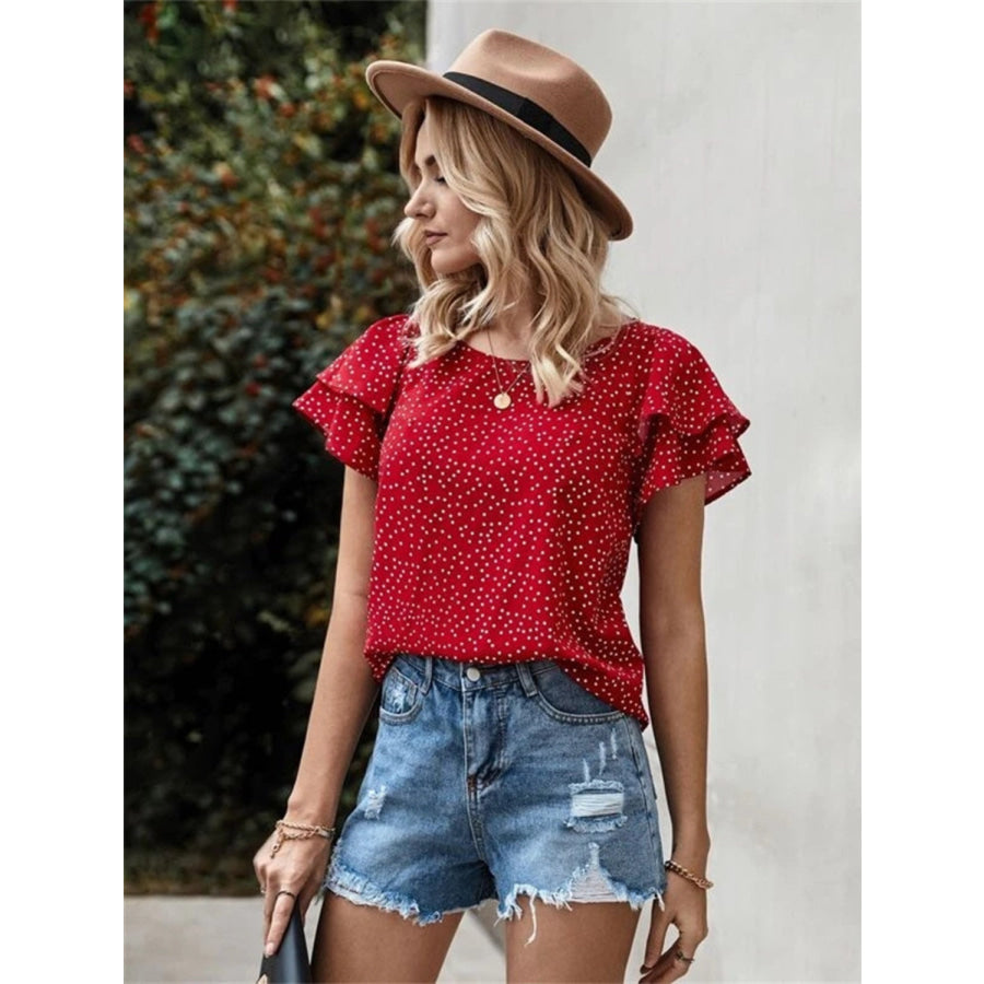 Ruffled Polka Dot Round Neck Short Sleeve Blouse Wine / S Apparel and Accessories