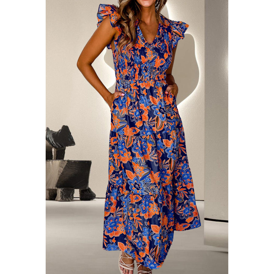 Ruffled Printed Cap Sleeve Dress Multicolor / S Apparel and Accessories