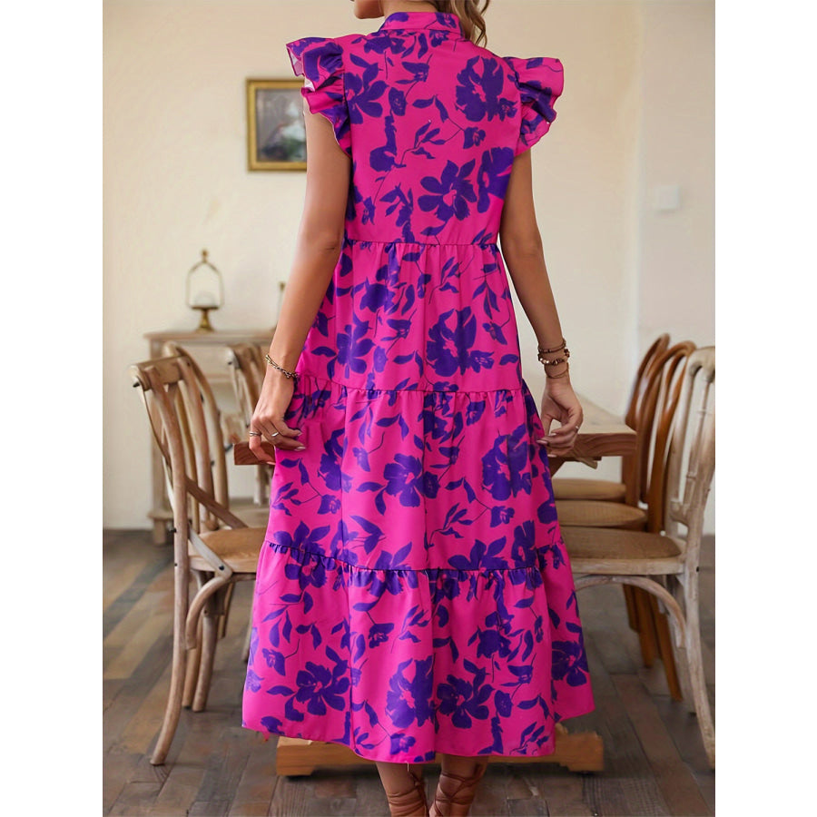 Ruffled Printed Cap Sleeve Midi Dress Purple / S Apparel and Accessories