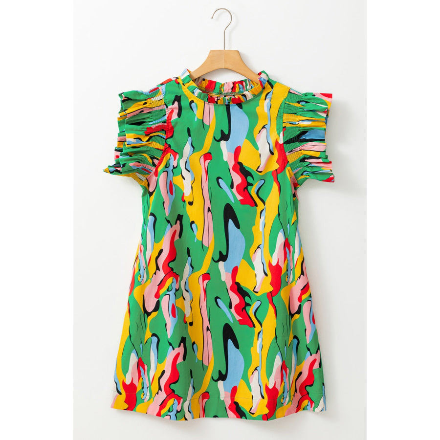 Ruffled Printed Cap Sleeve Mini Dress Green / S Apparel and Accessories