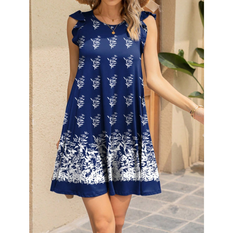 Ruffled Printed Cap Sleeve Mini Dress Dark Blue / S Apparel and Accessories