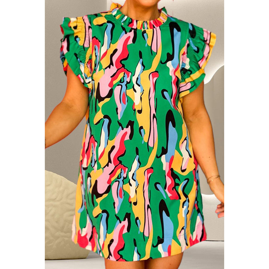 Ruffled Printed Cap Sleeve Mini Dress Green / S Apparel and Accessories