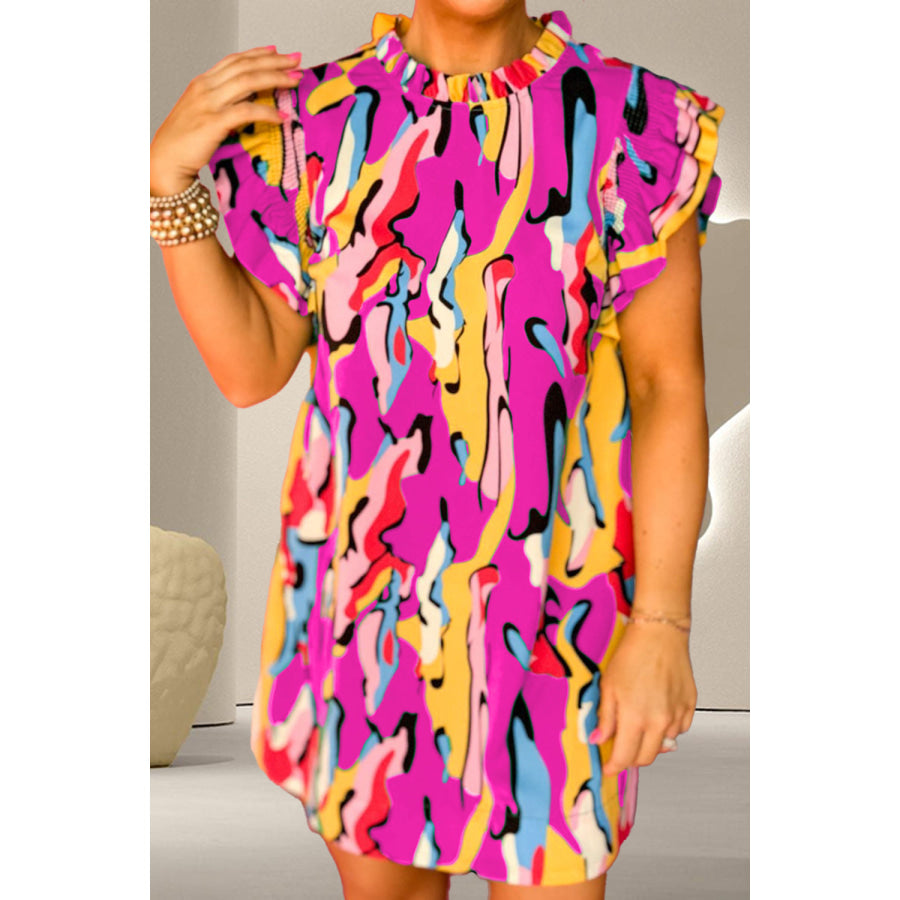 Ruffled Printed Cap Sleeve Mini Dress Hot Pink / S Apparel and Accessories