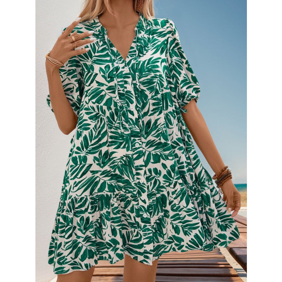 Ruffled Printed Half Sleeve Mini Dress Dark Green / S Apparel and Accessories