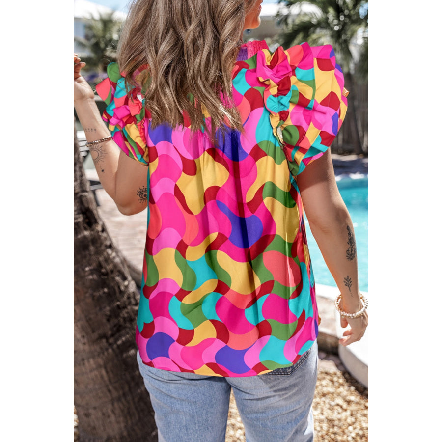 Ruffled Printed Mock Neck Cap Sleeve Blouse Apparel and Accessories