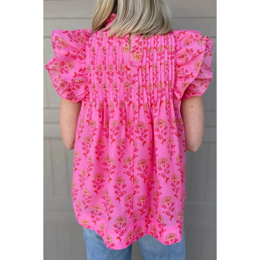 Ruffled Printed Mock Neck Cap Sleeve Blouse Apparel and Accessories