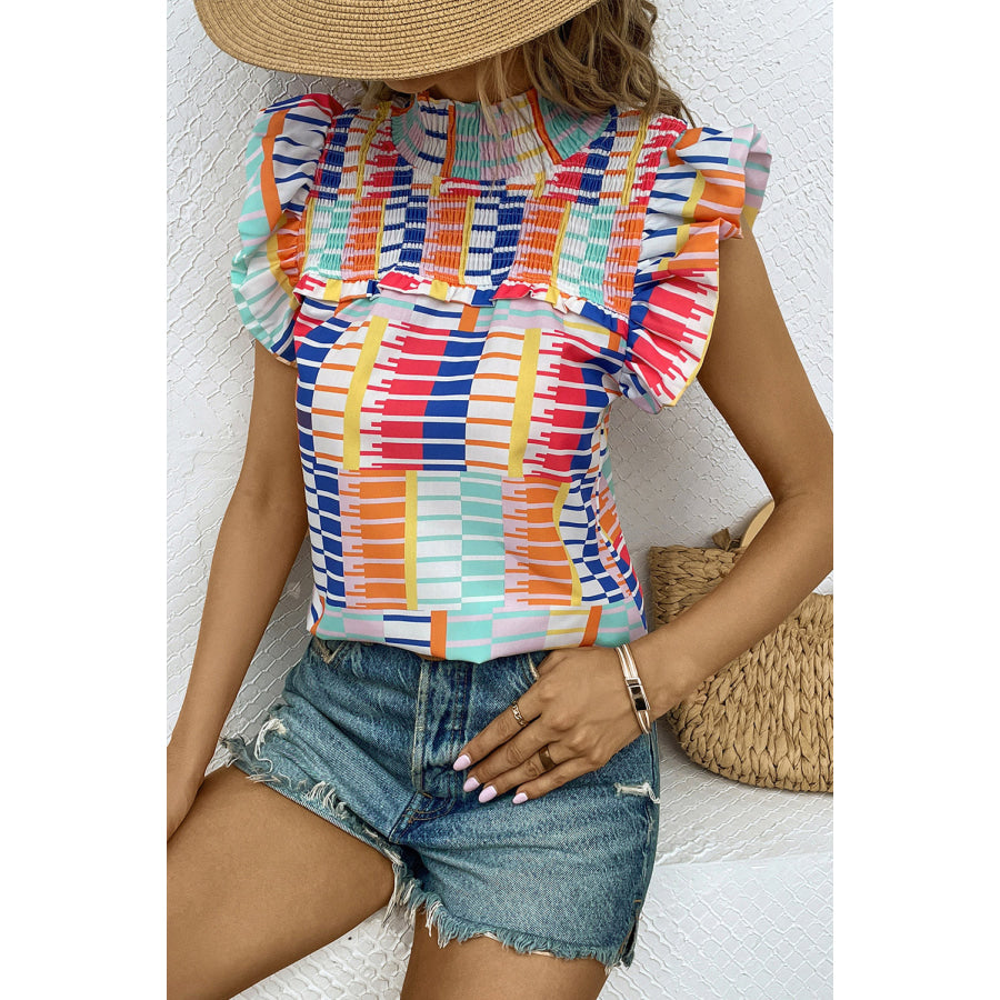 Ruffled Printed Mock Neck Cap Sleeve Blouse Apparel and Accessories