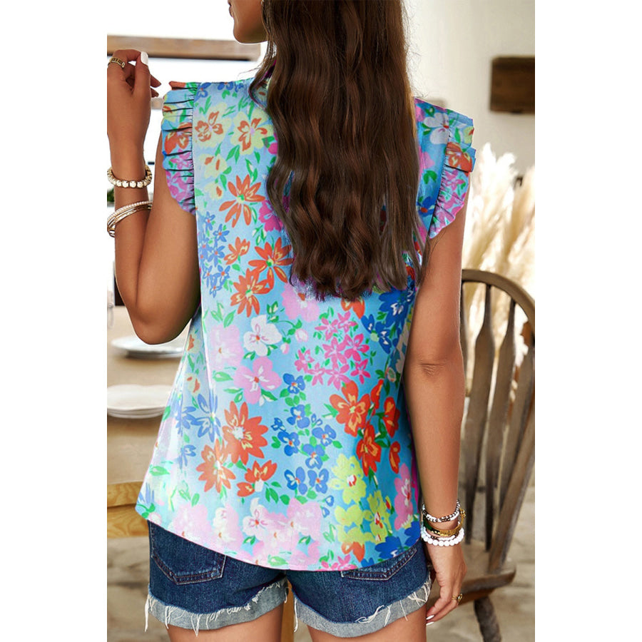 Ruffled Printed Mock Neck Cap Sleeve Blouse Apparel and Accessories