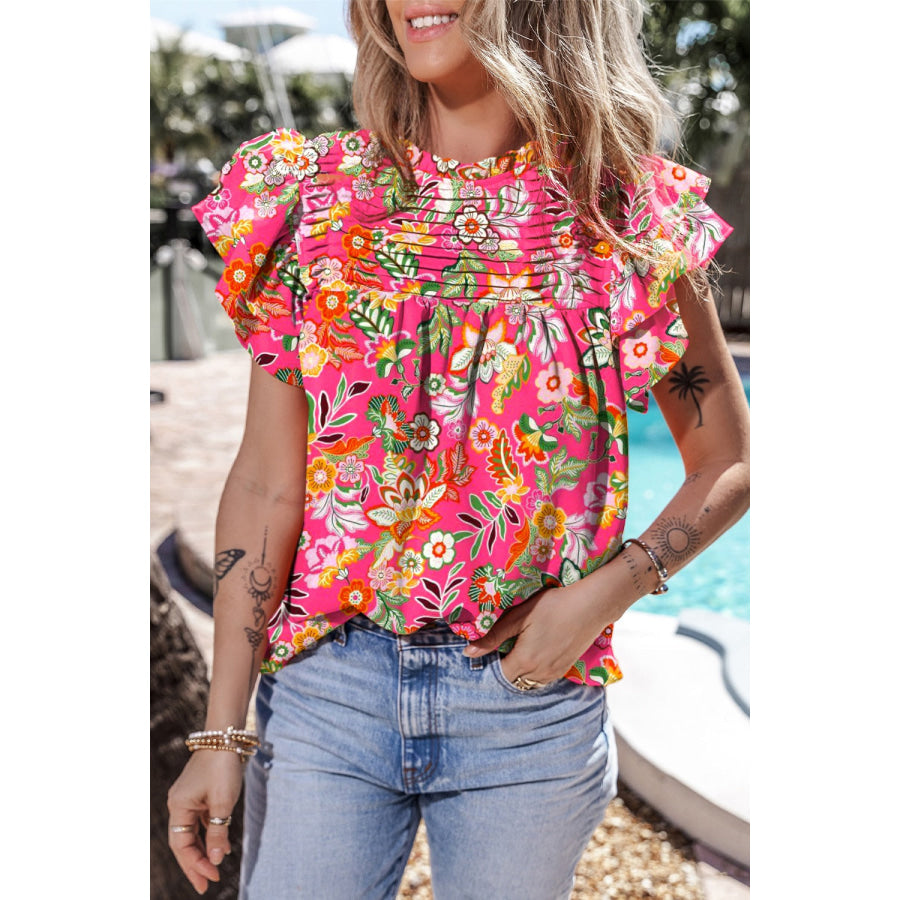 Ruffled Printed Mock Neck Cap Sleeve Blouse Apparel and Accessories