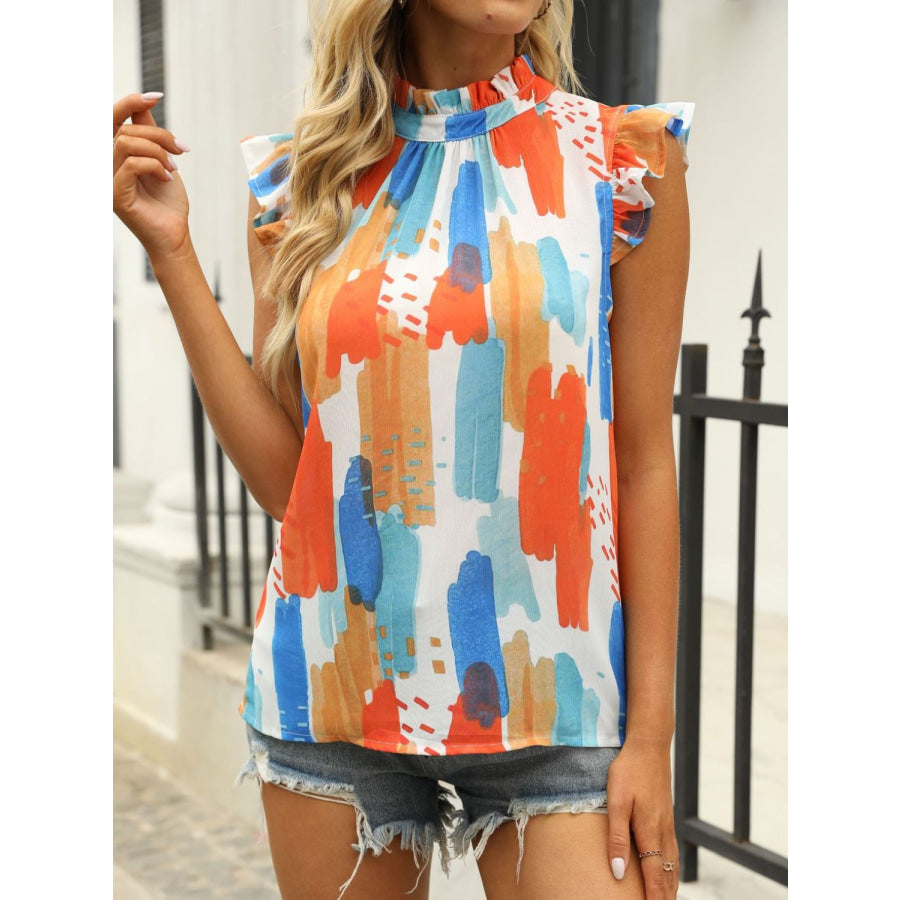 Ruffled Printed Mock Neck Cap Sleeve Blouse Apparel and Accessories