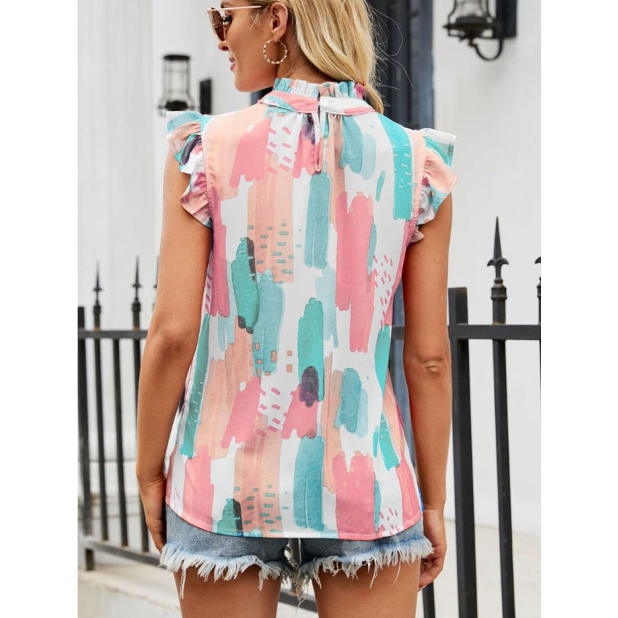 Ruffled Printed Mock Neck Cap Sleeve Blouse Apparel and Accessories