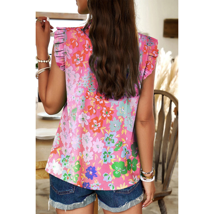 Ruffled Printed Mock Neck Cap Sleeve Blouse Apparel and Accessories