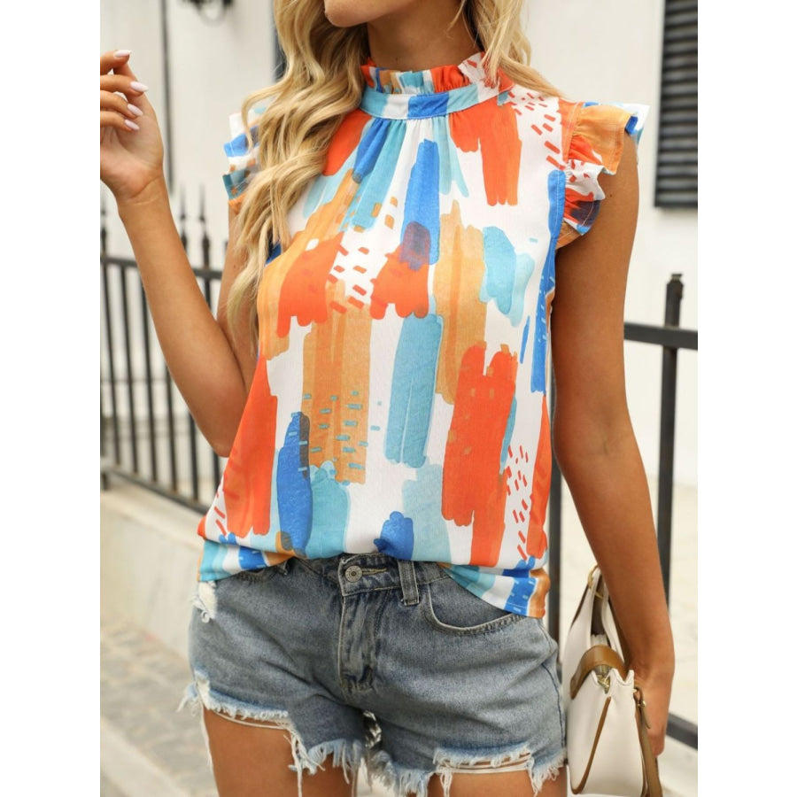 Ruffled Printed Mock Neck Cap Sleeve Blouse Apparel and Accessories