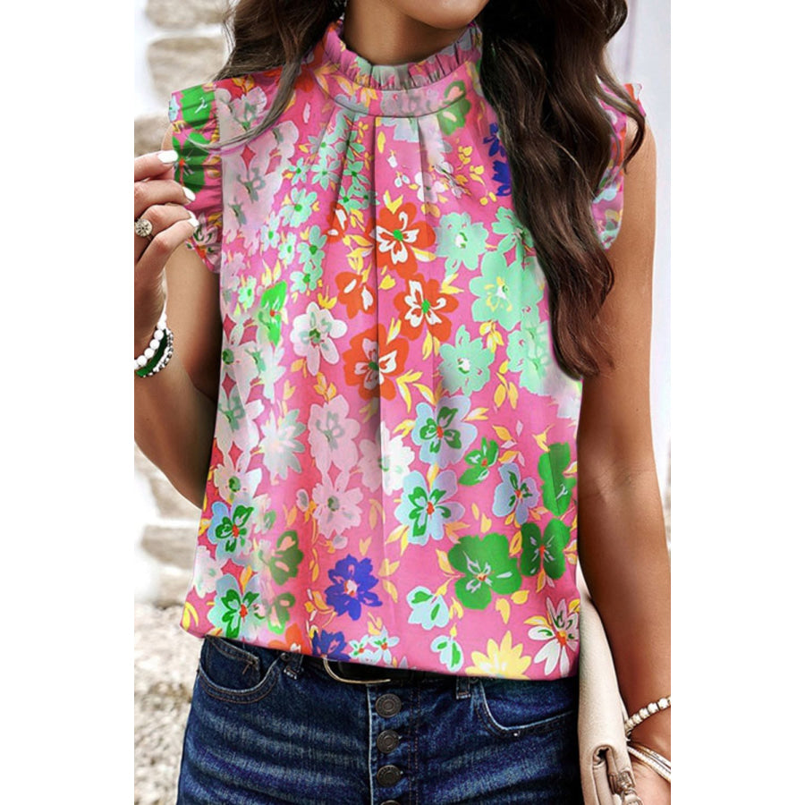 Ruffled Printed Mock Neck Cap Sleeve Blouse Carnation Pink / S Apparel and Accessories