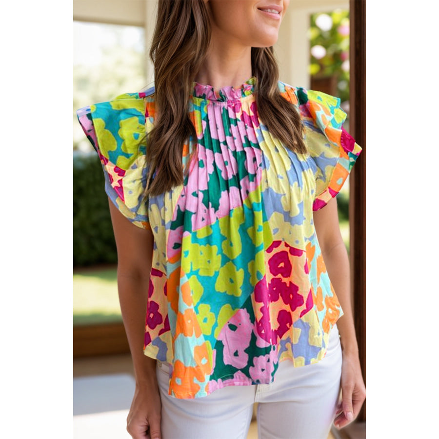 Ruffled Printed Mock Neck Cap Sleeve Blouse Floral / S Apparel and Accessories