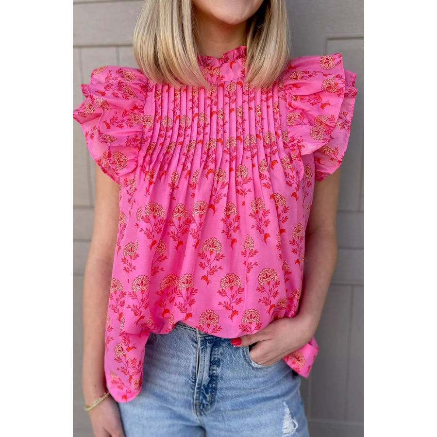 Ruffled Printed Mock Neck Cap Sleeve Blouse Hot Pink / XS Apparel and Accessories