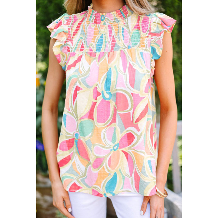 Ruffled Printed Mock Neck Cap Sleeve Blouse Multicolor / S Apparel and Accessories