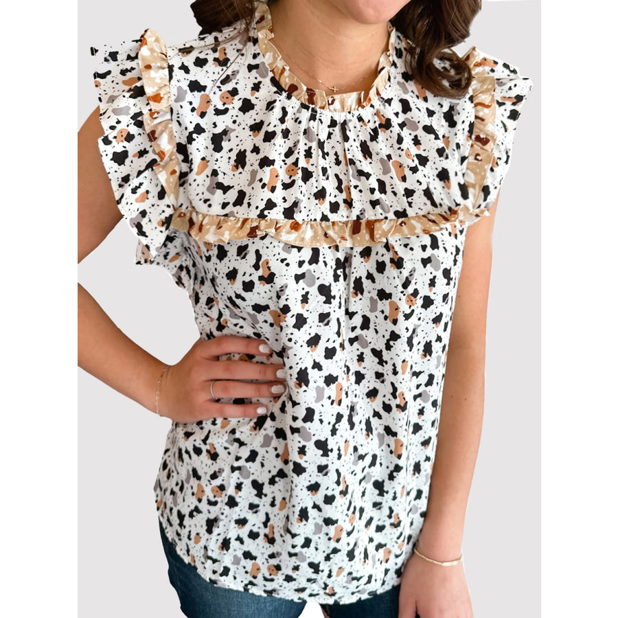 Ruffled Printed Mock Neck Cap Sleeve Blouse White / S Apparel and Accessories