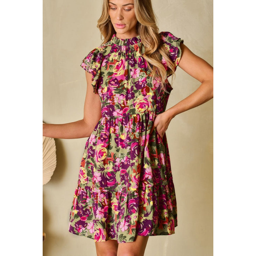 Ruffled Printed Mock Neck Cap Sleeve Mini Dress Floral / S Apparel and Accessories