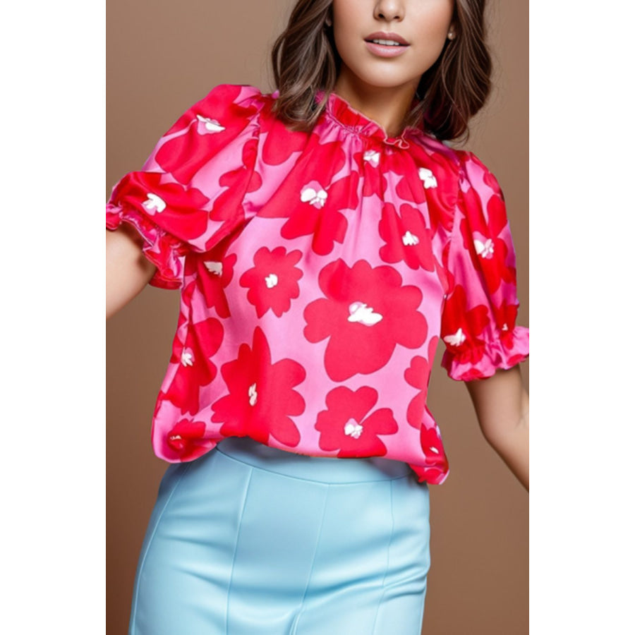 Ruffled Printed Mock Neck Short Sleeve Blouse Apparel and Accessories