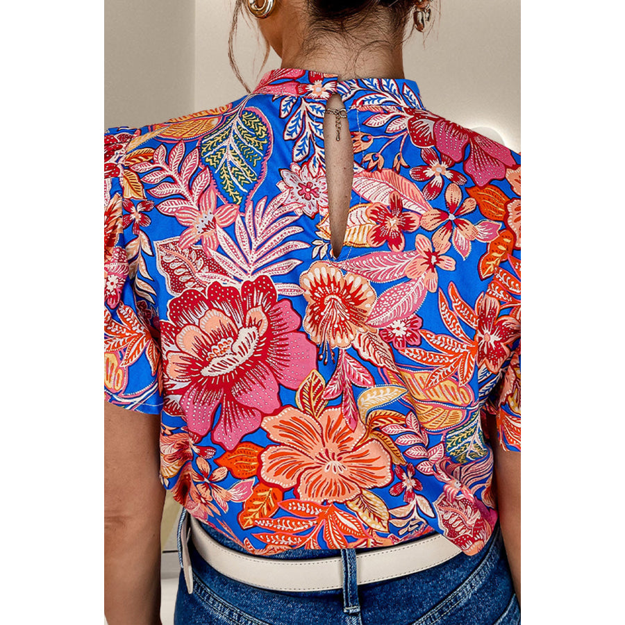 Ruffled Printed Mock Neck Short Sleeve Blouse Apparel and Accessories