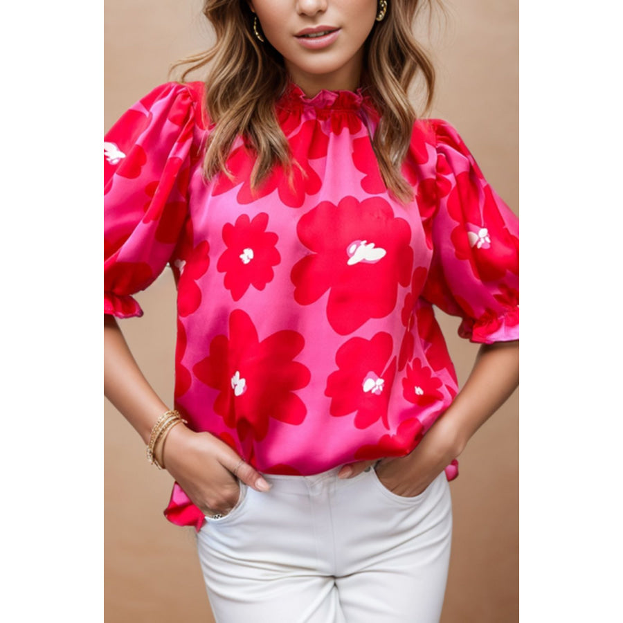 Ruffled Printed Mock Neck Short Sleeve Blouse Apparel and Accessories