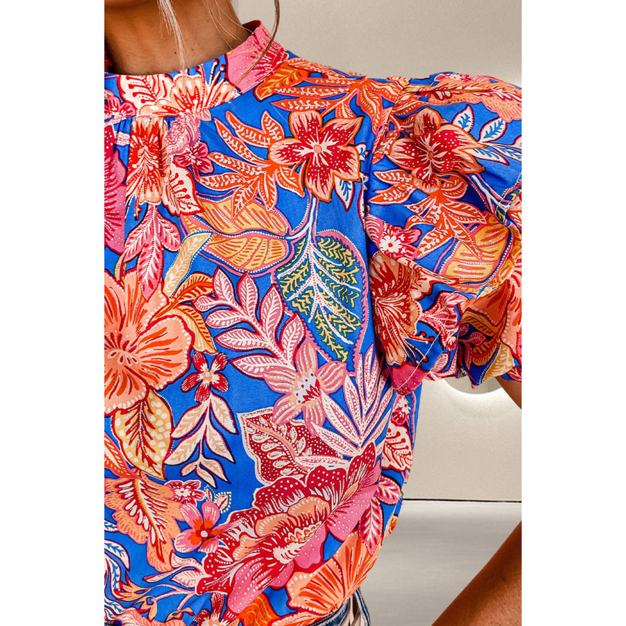 Ruffled Printed Mock Neck Short Sleeve Blouse Apparel and Accessories