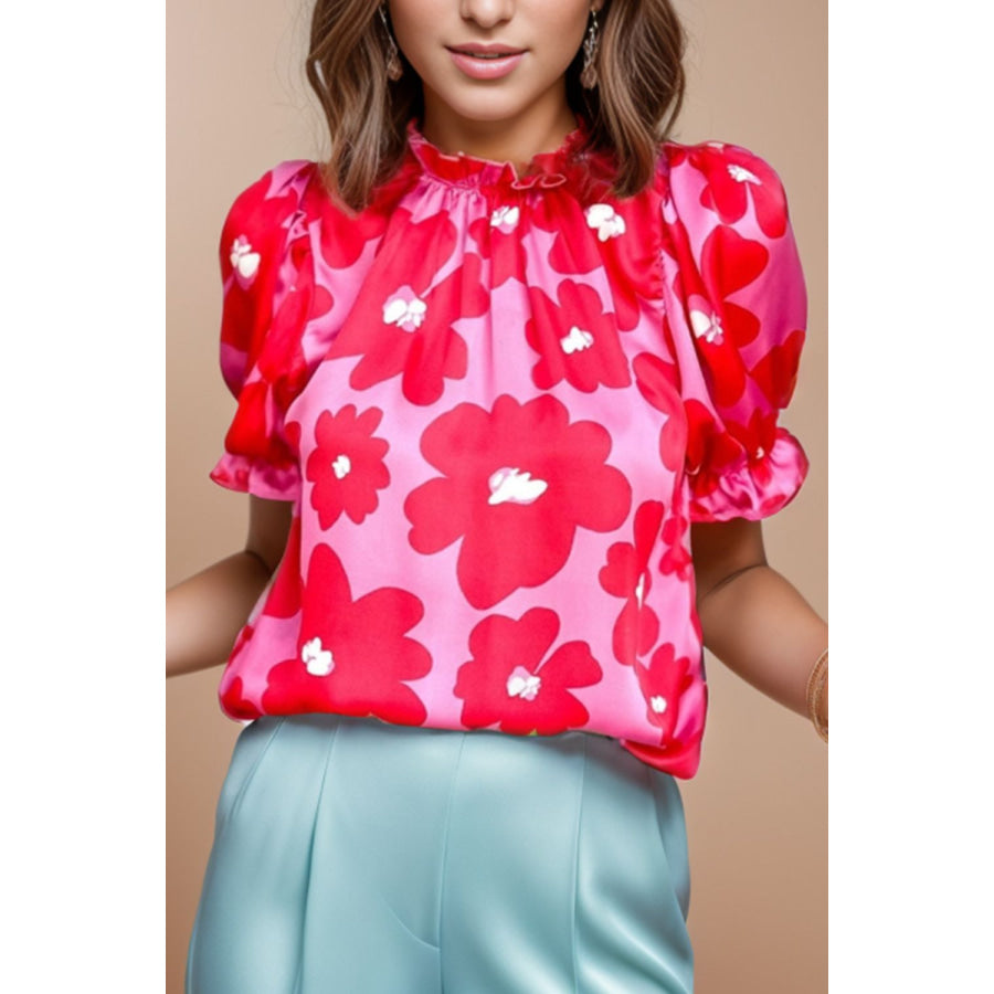 Ruffled Printed Mock Neck Short Sleeve Blouse Deep Red / S Apparel and Accessories