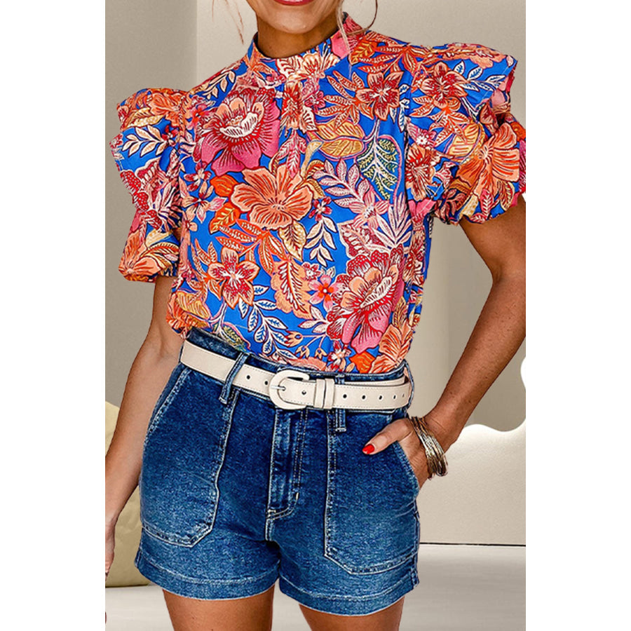 Ruffled Printed Mock Neck Short Sleeve Blouse Floral / M Apparel and Accessories