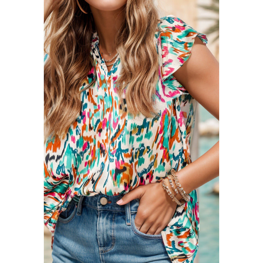 Ruffled Printed Notched Cap Sleeve Blouse Apparel and Accessories