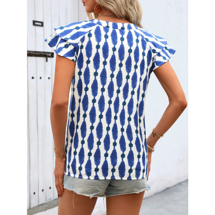 Ruffled Printed Notched Cap Sleeve Blouse Apparel and Accessories