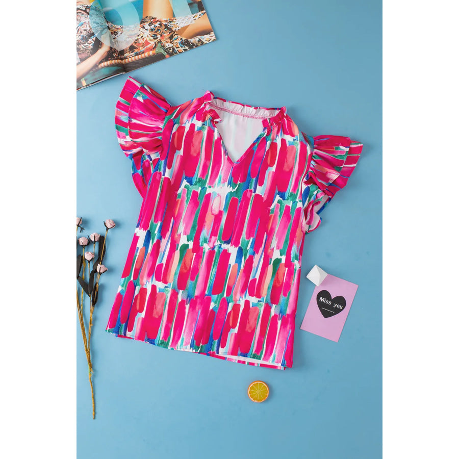 Ruffled Printed Notched Cap Sleeve Blouse Apparel and Accessories