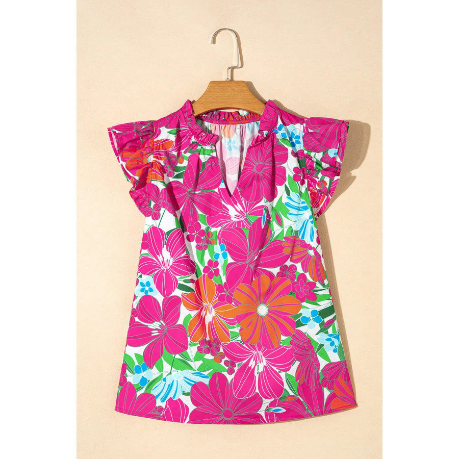 Ruffled Printed Notched Cap Sleeve Blouse Apparel and Accessories