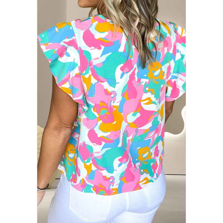 Ruffled Printed Notched Cap Sleeve Blouse Apparel and Accessories