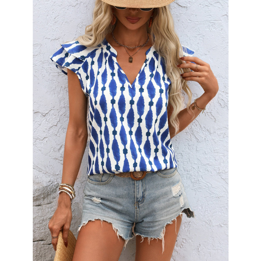 Ruffled Printed Notched Cap Sleeve Blouse Apparel and Accessories