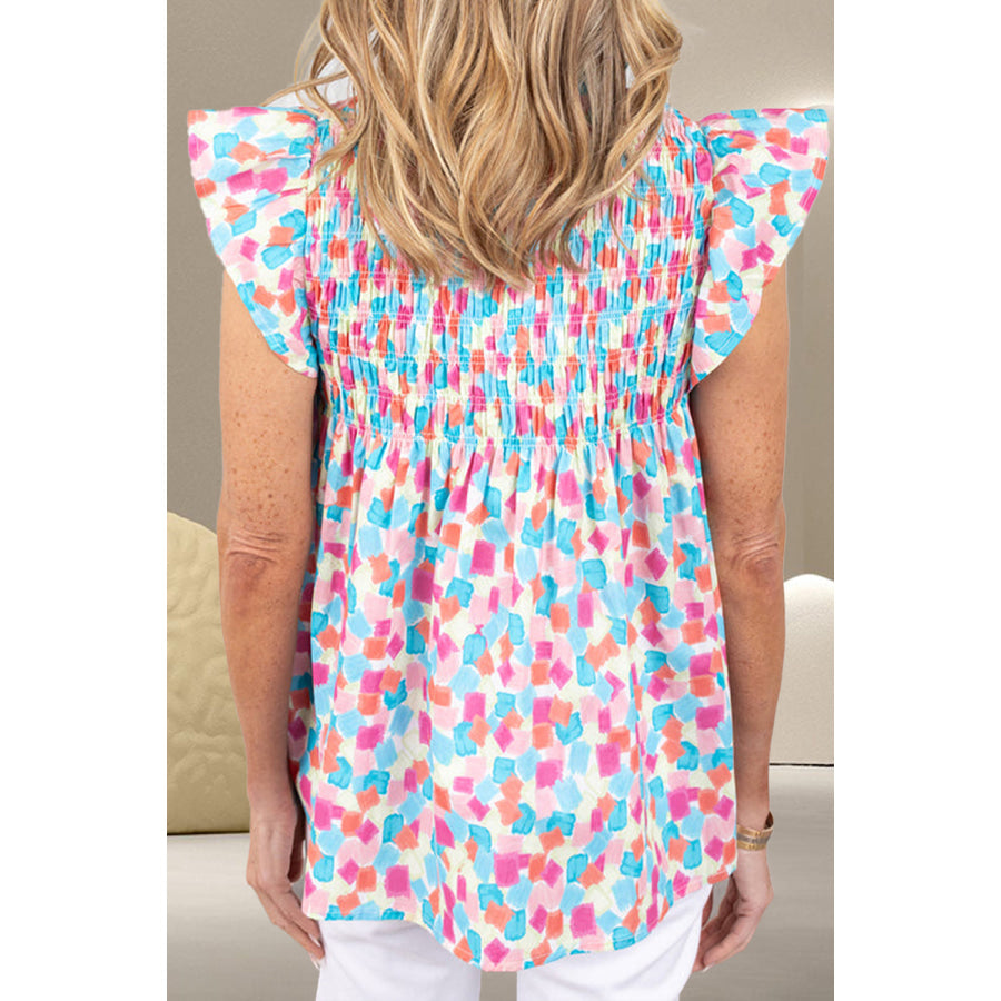 Ruffled Printed Notched Cap Sleeve Blouse Apparel and Accessories