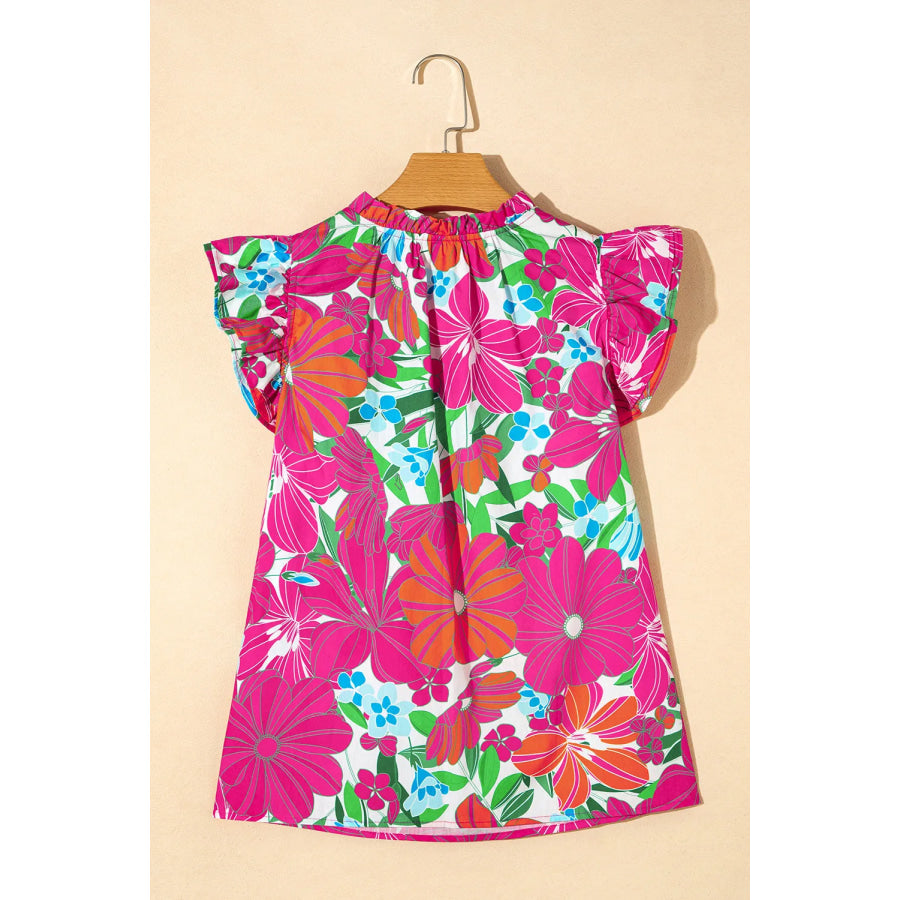 Ruffled Printed Notched Cap Sleeve Blouse Apparel and Accessories