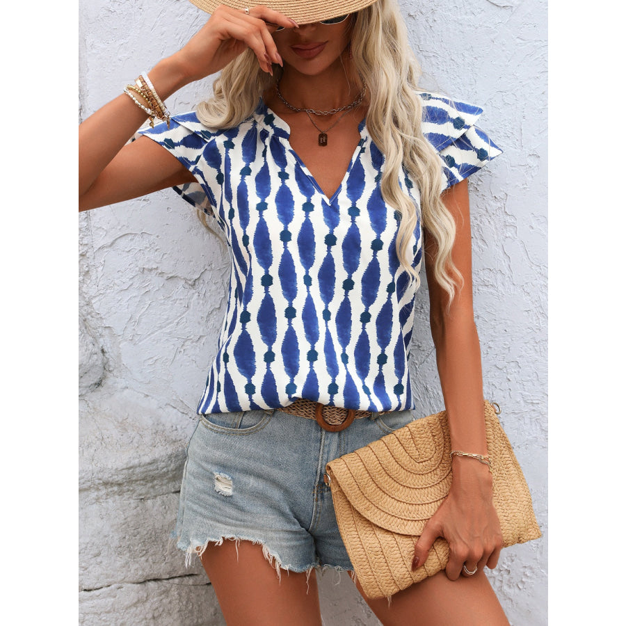 Ruffled Printed Notched Cap Sleeve Blouse Apparel and Accessories