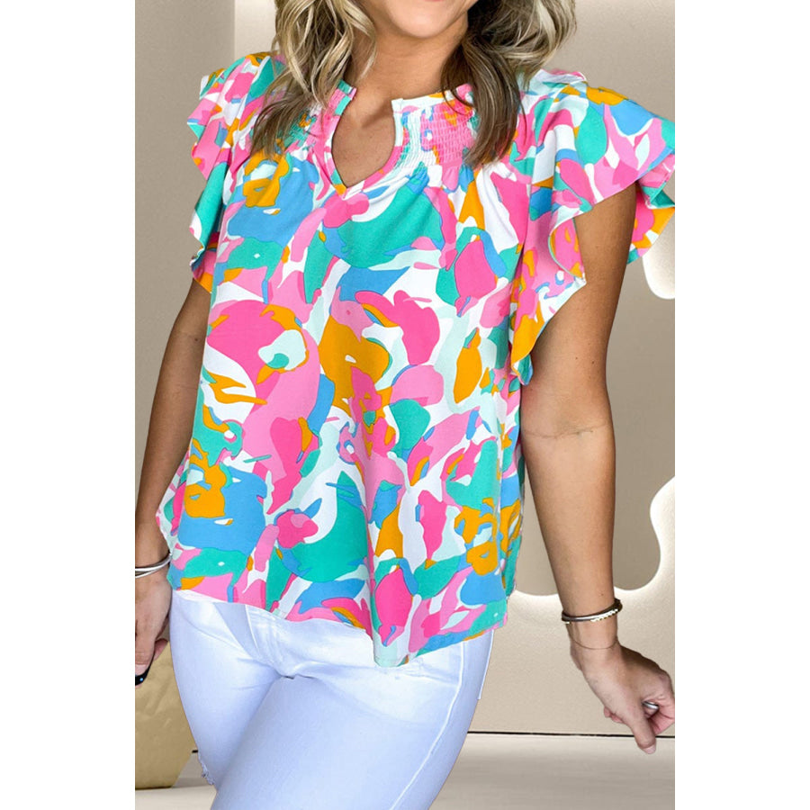 Ruffled Printed Notched Cap Sleeve Blouse Apparel and Accessories