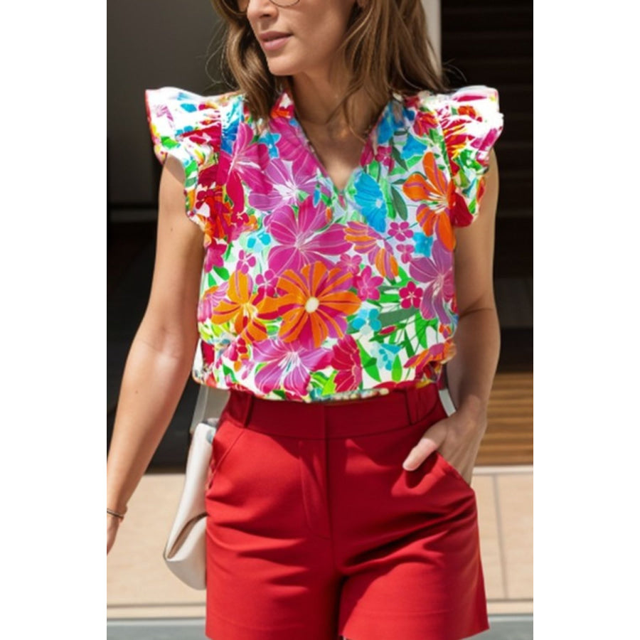 Ruffled Printed Notched Cap Sleeve Blouse Floral / S Apparel and Accessories