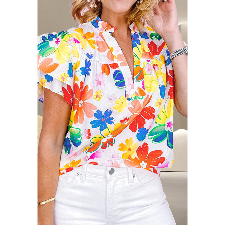 Ruffled Printed Notched Cap Sleeve Blouse Floral / S Apparel and Accessories