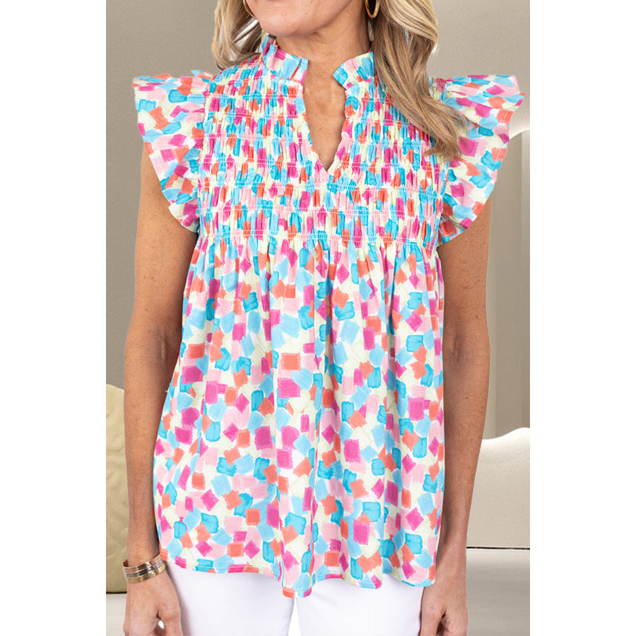 Ruffled Printed Notched Cap Sleeve Blouse Pastel Blue / S Apparel and Accessories