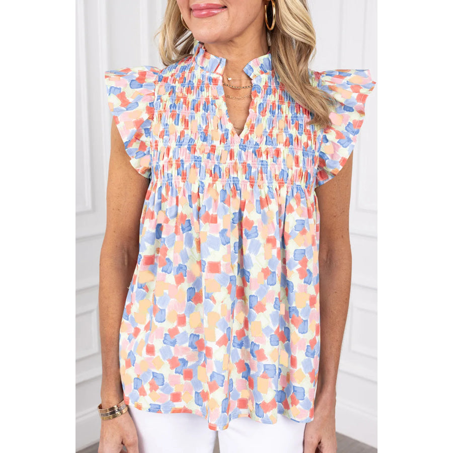 Ruffled Printed Notched Cap Sleeve Blouse Sherbet / S Apparel and Accessories