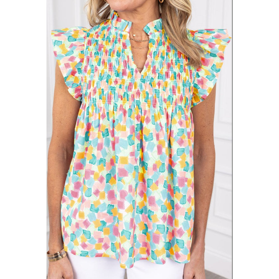 Ruffled Printed Notched Cap Sleeve Blouse Teal / L Apparel and Accessories