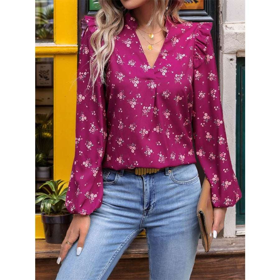 Ruffled Printed Notched Long Sleeve Blouse Apparel and Accessories