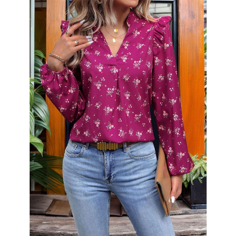 Ruffled Printed Notched Long Sleeve Blouse Apparel and Accessories