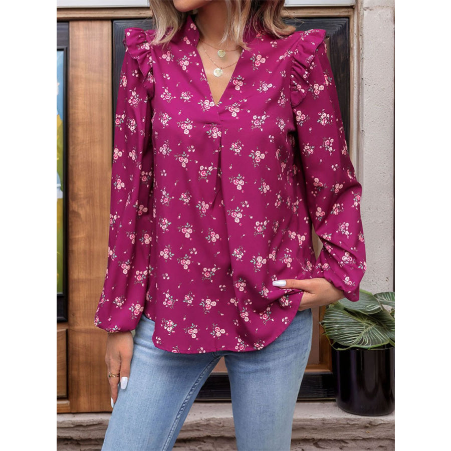 Ruffled Printed Notched Long Sleeve Blouse Deep Purple / S Apparel and Accessories