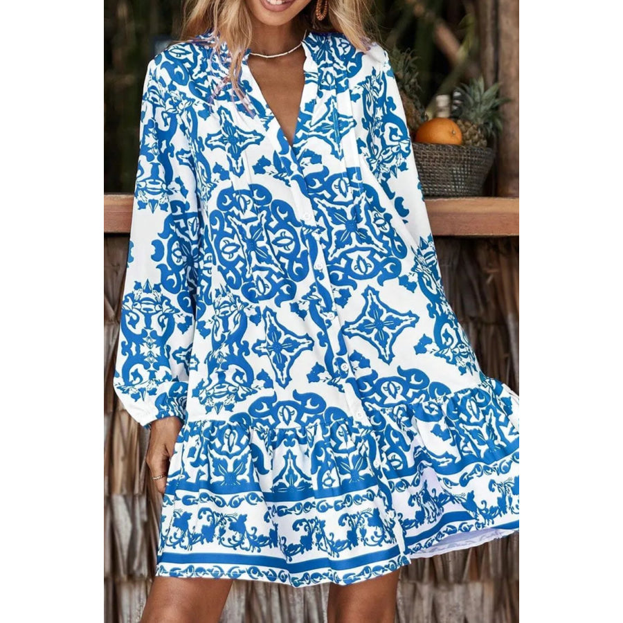 Ruffled Printed Notched Long Sleeve Dress Apparel and Accessories